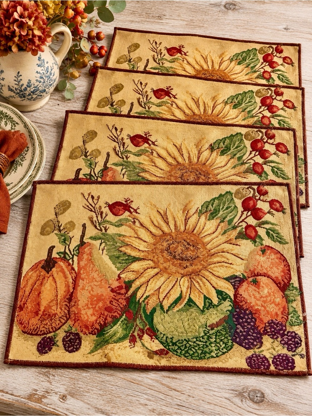 Vintage Sunflower Harvest Tapestry Placemats Set of 4 Fall Country Table